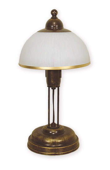 Lampka stołowa Flex O1488 BR z metalową podstawą w kolorze brązowym. Szklany klosz w kształcie kopuły, biały, z delikatną teksturą. Ujęcie frontalne, stojąca, z widocznymi elementami konstrukcyjnymi.
