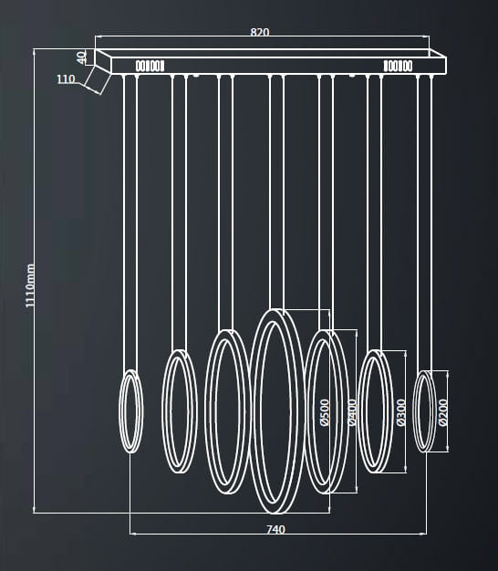 Vertigo LED lampa wisząca 7-punktowa o owalnych, metalowych elementach w różnej wielkości. Zawieszona na cienkich linkach, z prostokątną podstawą. Wymiary: 820 mm szerokości, 110 mm wysokości, 1100 mm całkowitej długości.