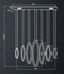 Vertigo LED lampa wisząca 7-punktowa o owalnych, metalowych elementach w różnej wielkości. Zawieszona na cienkich linkach, z prostokątną podstawą. Wymiary: 820 mm szerokości, 110 mm wysokości, 1100 mm całkowitej długości.