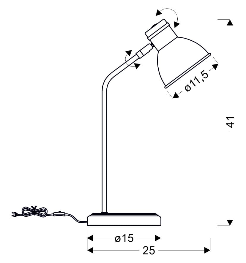 Lampka stołowa Zumba 1-punktowa, wysokość 41 cm, z podstawą o średnicy 15 cm. Metalowa konstrukcja z ruchomą głowicą o średnicy 11,5 cm. Kabel z wtyczką wychodzący z podstawy. Prosty, funkcjonalny design.