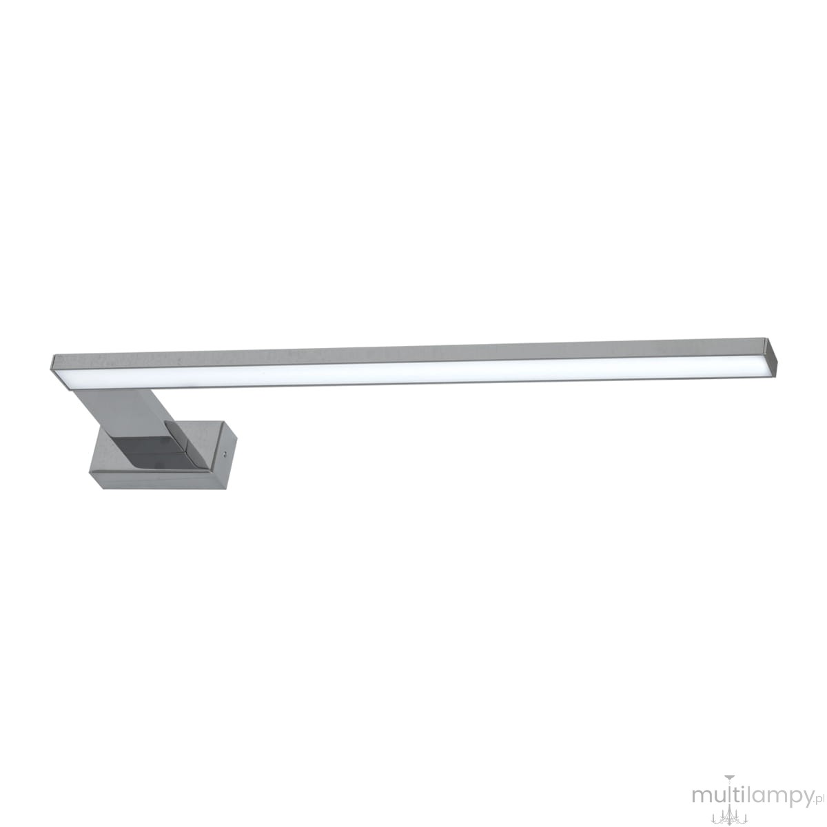 Kinkiet Shine LED IP44 w kolorze chromu, z prostokątnym ramieniem o długości 45 cm, z wbudowanym źródłem światła LED. Ułożony poziomo, montowany na ścianie, z białym kloszem emitującym światło. Idealny do łazienek i innych wilgotnych pomieszczeń.