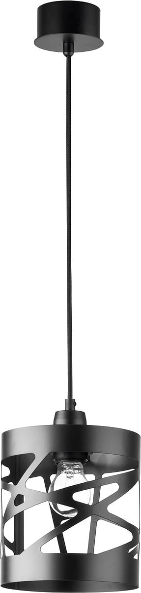 Czarna lampa wisząca 1-punktowa Moduł Frez D17,5 z metalowym kloszem o nowoczesnym wzorze. Ujęcie z góry, zawieszona na długim przewodzie. Widoczna żarówka wewnątrz klosza. Prosta, elegancka forma, idealna do nowoczesnych wnętrz.