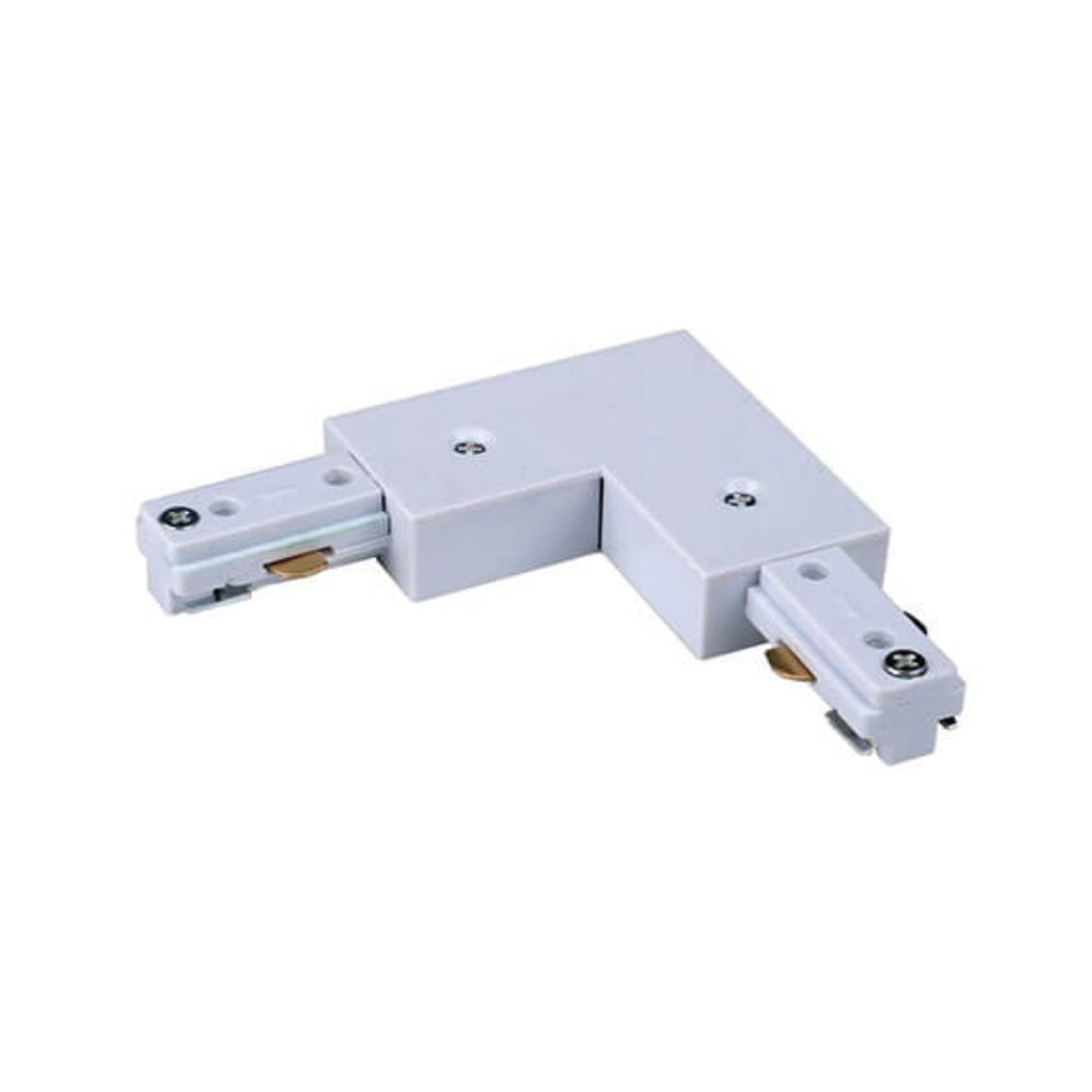 Złącze kątowe zasilające Track w kolorze białym, wykonane z tworzywa sztucznego, w kształcie litery L. Umożliwia podłączenie do prowadnicy szyny. Widoczne dwa gniazda oraz miejsce na mocowanie. Idealne do systemów oświetleniowych.