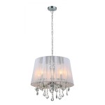 Lampa wisząca Cornelia 5-punktowa w kolorze białym, z przezroczystym kloszem i metalowym wykończeniem. Posiada pięć żarówek oraz dekoracyjne kryształowe zawieszki, zawieszona na łańcuchu z metalowym mocowaniem.