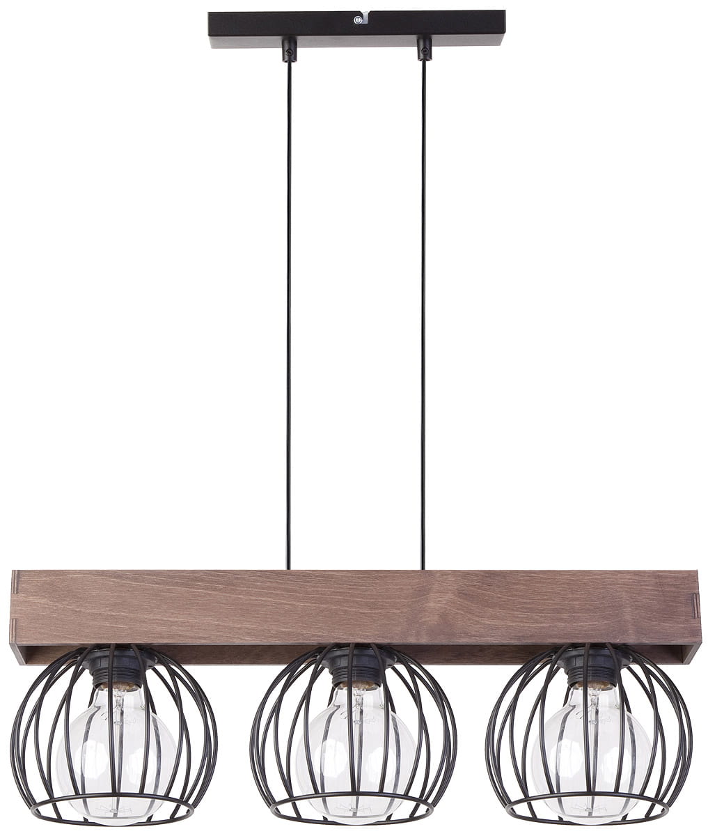 Lampa wisząca Milan 3-punktowa w kolorze brązowym z drewnianym stelażem i trzema metalowymi kloszami w formie siatki. Ujęcie frontalne, zawieszona na dwóch cienkich linkach, idealna do nowoczesnych wnętrz.