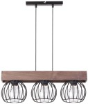 Lampa wisząca Milan 3-punktowa w kolorze brązowym z drewnianym stelażem i trzema metalowymi kloszami w formie siatki. Ujęcie frontalne, zawieszona na dwóch cienkich linkach, idealna do nowoczesnych wnętrz.