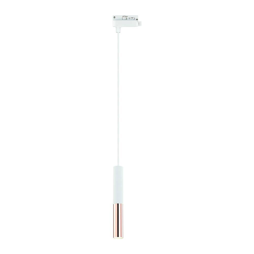 Lampa wisząca Track Slimi S w kolorze białym z różowym złotem. Posiada smukły, cylindryczny kształt z matowym białym wykończeniem na górze i błyszczącą, różowo-złotą podstawą. Zawieszona na cienkim przewodzie, przystosowana do systemu szynowego.