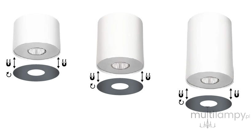 Lampa sufitowa Point S 1-punktowa w kolorze białym. Produkt ma cylindryczny kształt, z widocznym źródłem światła. W zestawie znajduje się okrągła, szara osłona. Ujęcie pokazuje różne kąty montażu lampy.
