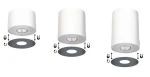 Lampa sufitowa Point S 1-punktowa w kolorze białym. Produkt ma cylindryczny kształt, z widocznym źródłem światła. W zestawie znajduje się okrągła, szara osłona. Ujęcie pokazuje różne kąty montażu lampy.
