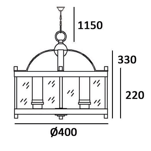 Lampa wisząca New York 4-punktowa, o średnicy 400 mm, z przeszklonymi elementami. Wysokość całkowita 1150 mm, wysokość klosza 220 mm, szerokość 330 mm. Kształt okrągły z dekoracyjnym kopułowym kloszem.