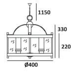 Lampa wisząca New York 4-punktowa, o średnicy 400 mm, z przeszklonymi elementami. Wysokość całkowita 1150 mm, wysokość klosza 220 mm, szerokość 330 mm. Kształt okrągły z dekoracyjnym kopułowym kloszem.