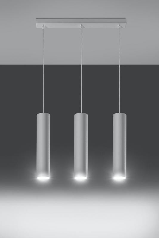 Lagos lampa wisząca 3-punktowa w kolorze białym, składająca się z trzech cylindrycznych kloszy zawieszonych na cienkich linkach. Klosze emitują światło z dolnej części, a całość zamontowana jest na prostokątnej podstawie.