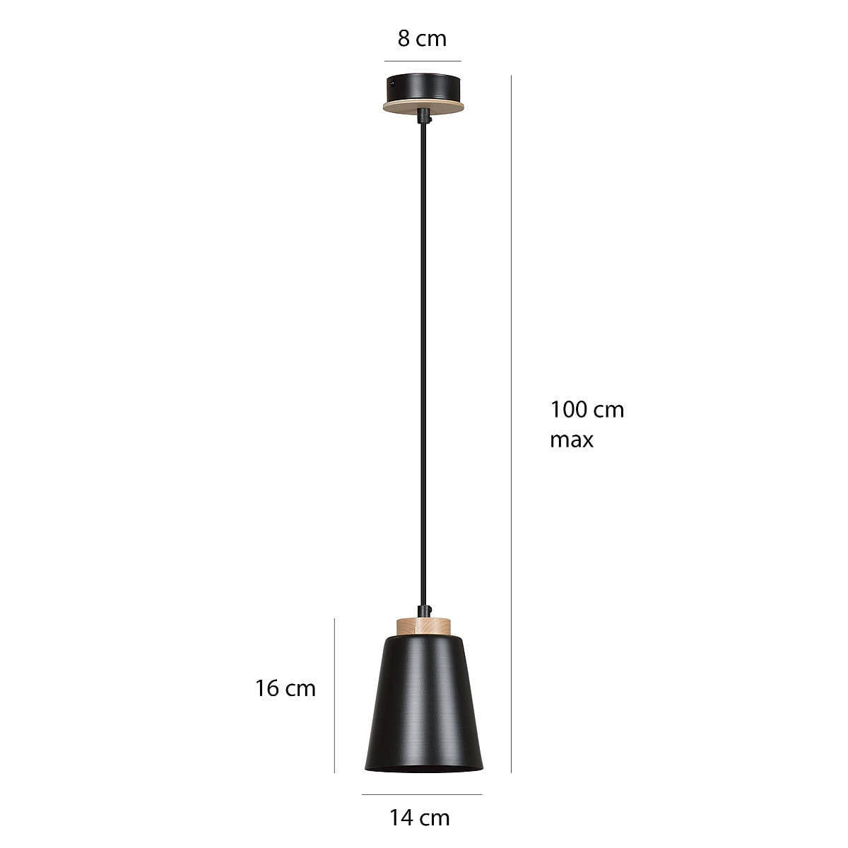 Czarna lampa wisząca Bolero 1-punktowa z metalowym kloszem o wysokości 16 cm i średnicy 14 cm, zawieszona na czarnym kablu o maksymalnej długości 100 cm. U góry widoczny drewniany detal. Wymiary mocowania: średnica 8 cm.