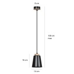 Czarna lampa wisząca Bolero 1-punktowa z metalowym kloszem o wysokości 16 cm i średnicy 14 cm, zawieszona na czarnym kablu o maksymalnej długości 100 cm. U góry widoczny drewniany detal. Wymiary mocowania: średnica 8 cm.
