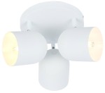 Biała lampa sufitowa Azuro z trzema punktami świetlnymi, okrągła podsufitka, cylindryczne klosze, w których widać źródła światła. Ujęcie z dołu, produkt zamontowany na suficie.