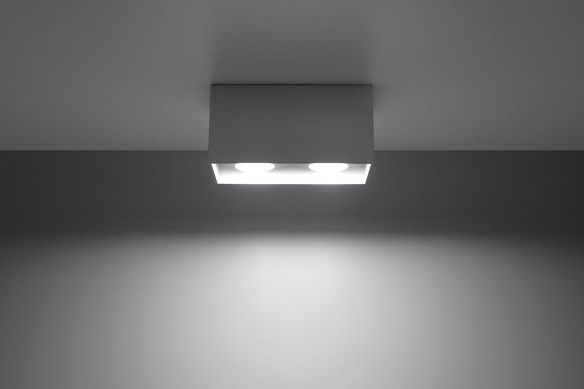 Lampa sufitowa Quad Maxi 2-punktowa w kolorze szarym, zamontowana na suficie. Ma prostokątny kształt z dwoma okrągłymi źródłami światła, emitującymi jasne światło. Tło w odcieniach szarości podkreśla minimalistyczny design.