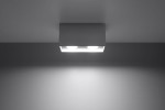Lampa sufitowa Quad Maxi 2-punktowa w kolorze szarym, zamontowana na suficie. Ma prostokątny kształt z dwoma okrągłymi źródłami światła, emitującymi jasne światło. Tło w odcieniach szarości podkreśla minimalistyczny design.