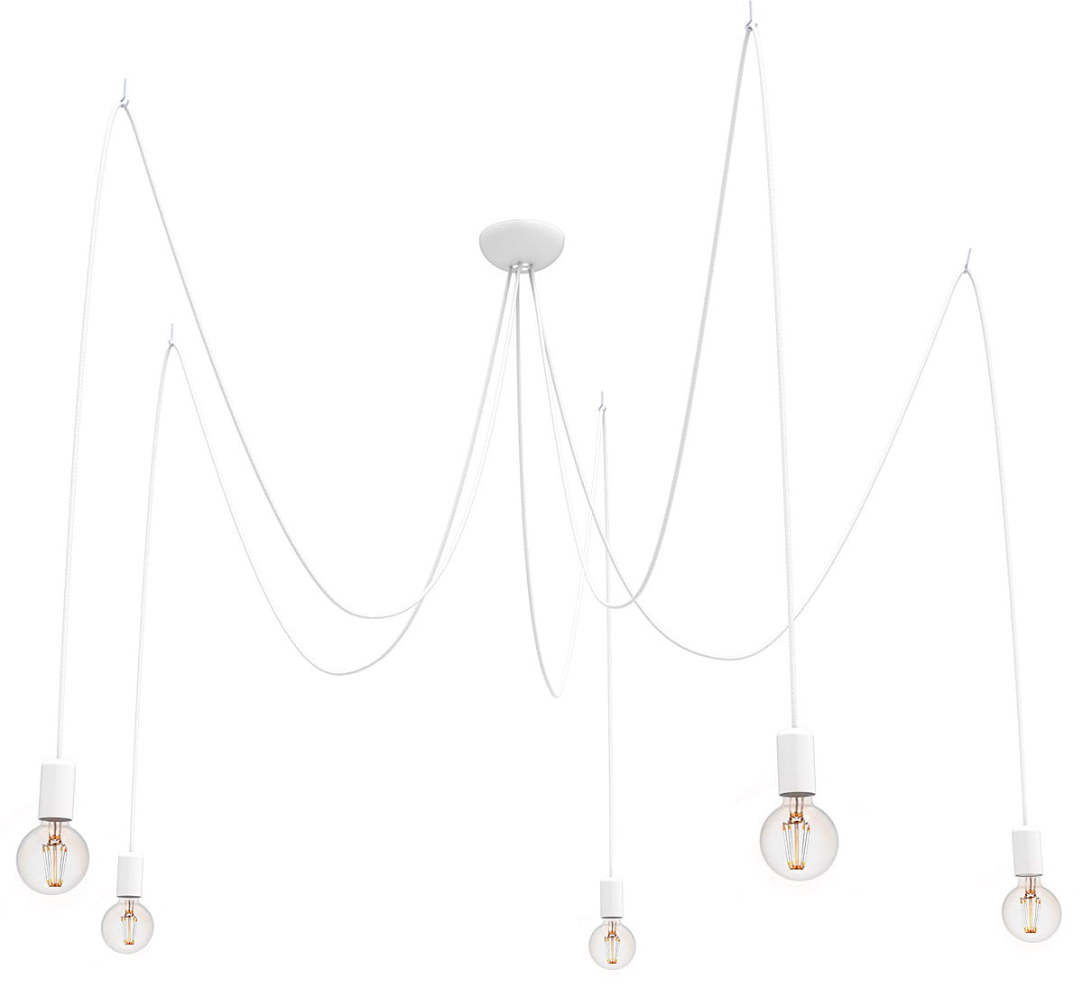 Lampa wisząca Spider 5-punktowa w białym kolorze, z pięcioma transparentnymi kloszami na zwisających przewodach, zamontowana na okrągłej podstawie sufitowej. Elementy świetlne w różnych długościach, tworzące nowoczesny układ.