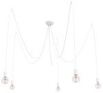 Lampa wisząca Spider 5-punktowa w białym kolorze, z pięcioma transparentnymi kloszami na zwisających przewodach, zamontowana na okrągłej podstawie sufitowej. Elementy świetlne w różnych długościach, tworzące nowoczesny układ.