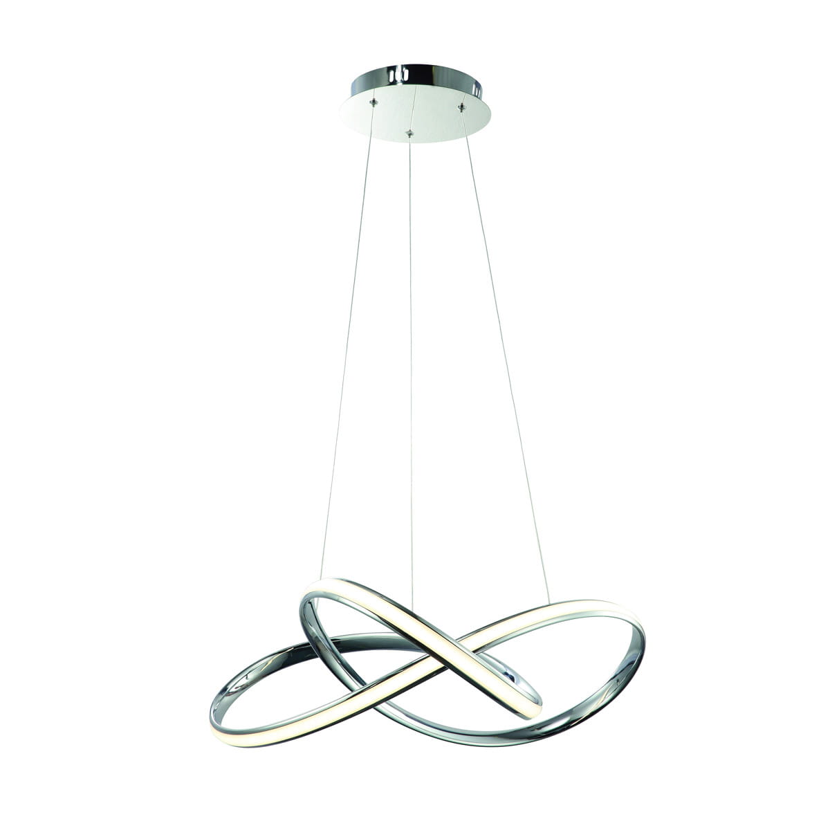 Lampa wisząca Cappio LED 1-punktowa w chromie, złożona z dwóch splecionych pierścieni z podświetleniem, zawieszona na cienkich linkach. Okrągła podsufitka w kolorze chromu. Produkt w nowoczesnym stylu, na białym tle.