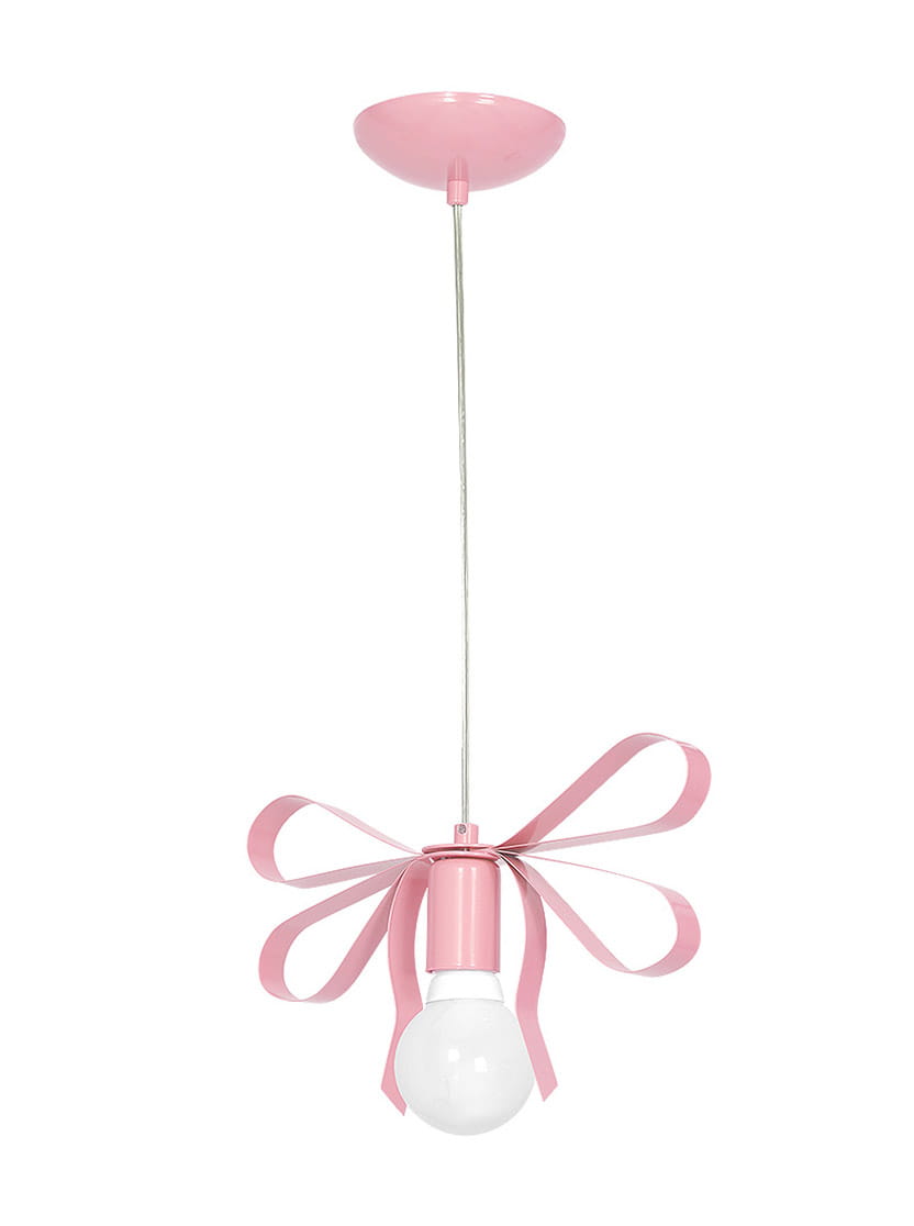 Lampa wisząca Emma 1-punktowa w kolorze różowym, z metalowym kloszem w formie kokardy. Uchwyt z żarówką umieszczony na cienkim, stalowym drucie. Lampa zawieszona na prostym, okrągłym elemencie montażowym. Idealna do dziecięcego pokoju.