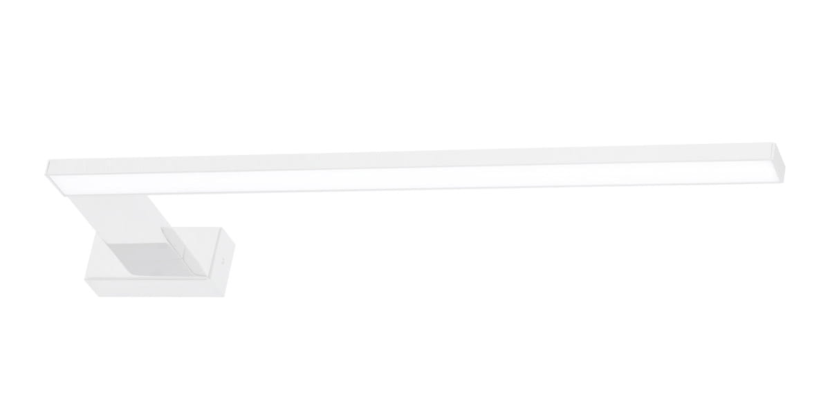 Biały kinkiet Shine LED IP44 z prostokątną, płaską oprawą. Ujęcie frontalne, zamontowany na ścianie. Wykończenie matowe, minimalistyczny design, długość 45 cm, idealny do oświetlenia wnętrz.