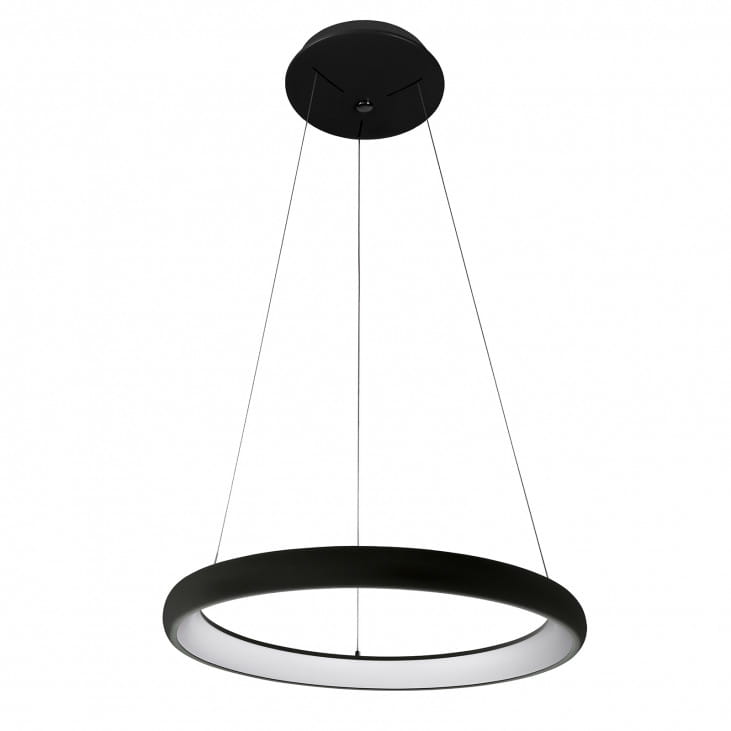 Lampa wisząca Alessia D51 LED 3000K, czarna, o okrągłym kształcie. Zawieszona na cienkich linkach, z okrągłą oprawą, emitującą światło z białym kloszem. Kąt ujęcia: frontalny. Wysoka nowoczesność i prostota designu.