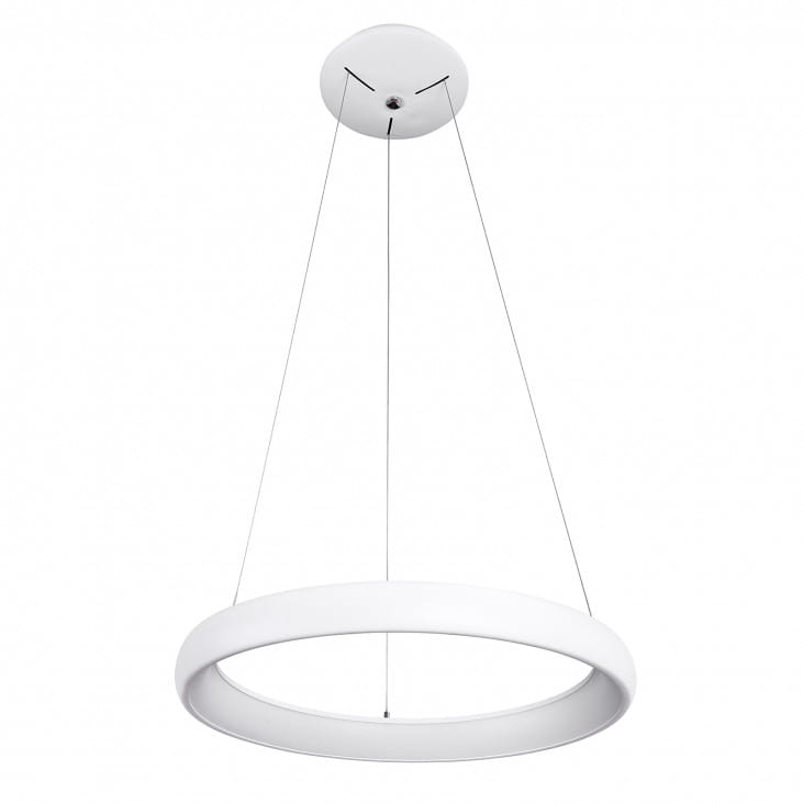 Lampa wisząca Alessia D51, 1-punktowa, w kolorze białym. Okrągły klosz o minimalistycznym designie, zawieszony na cienkich linkach. Źródło światła LED o temperaturze barwowej 3000K. Montaż sufitowy.
