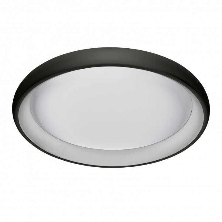 Plafon Alessia D61 LED 3000K w kolorze czarnym, okrągły, z matowym białym kloszem. Produkt widoczny z boku, zamontowany na suficie, prezentuje minimalistyczny design idealny do nowoczesnych wnętrz.