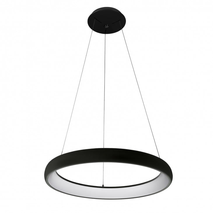 Lampa wisząca Alessia D61 LED 3000K, 1-punktowa, w kolorze czarnym. Okrągły kształt z matowym wykończeniem, zawieszona na cienkich linkach. Źródło światła ukryte wewnątrz pierścienia. Prosta struktura, idealna do nowoczesnych wnętrz.