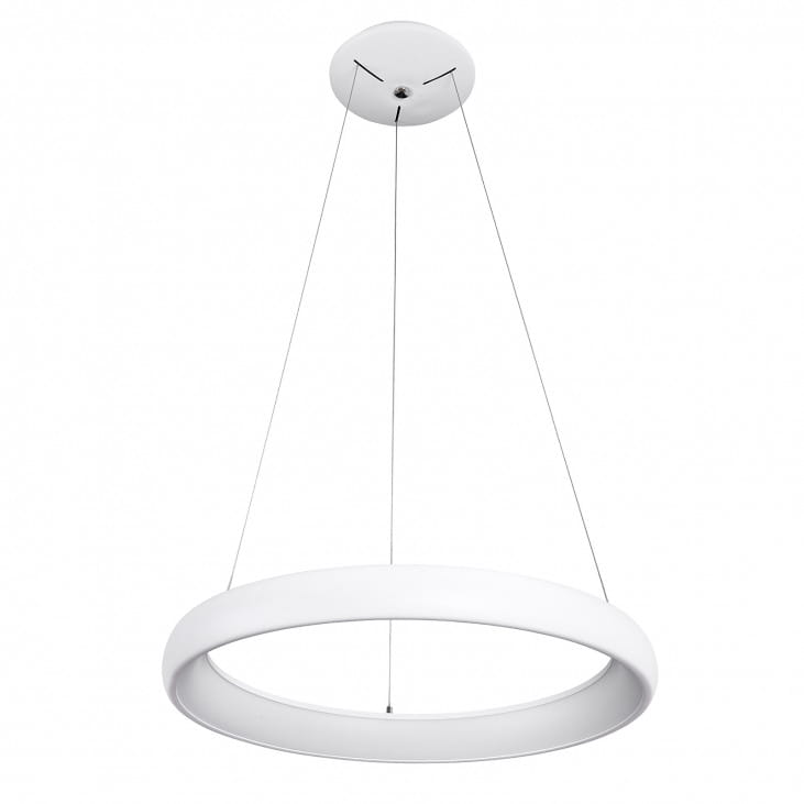 Lampa wisząca Alessia D61 LED 3000K w kolorze białym, o okrągłym kształcie. Zawieszona na cienkich linkach, z płaskim, matowym kloszem. Idealna do nowoczesnych wnętrz. Kąt ujęcia z boku, ukazujący detale konstrukcji i zawieszenia.