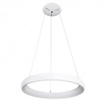 Lampa wisząca Alessia D61 LED 3000K w kolorze białym, o okrągłym kształcie. Zawieszona na cienkich linkach, z płaskim, matowym kloszem. Idealna do nowoczesnych wnętrz. Kąt ujęcia z boku, ukazujący detale konstrukcji i zawieszenia.