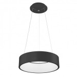 Czarna lampa wisząca Chiara D45 LED o okrągłym kształcie, z matowym wykończeniem. Zawieszona na cienkich linkach, z białym kloszem wewnętrznym, montowana na suficie. Prosta forma, idealna do nowoczesnych wnętrz.