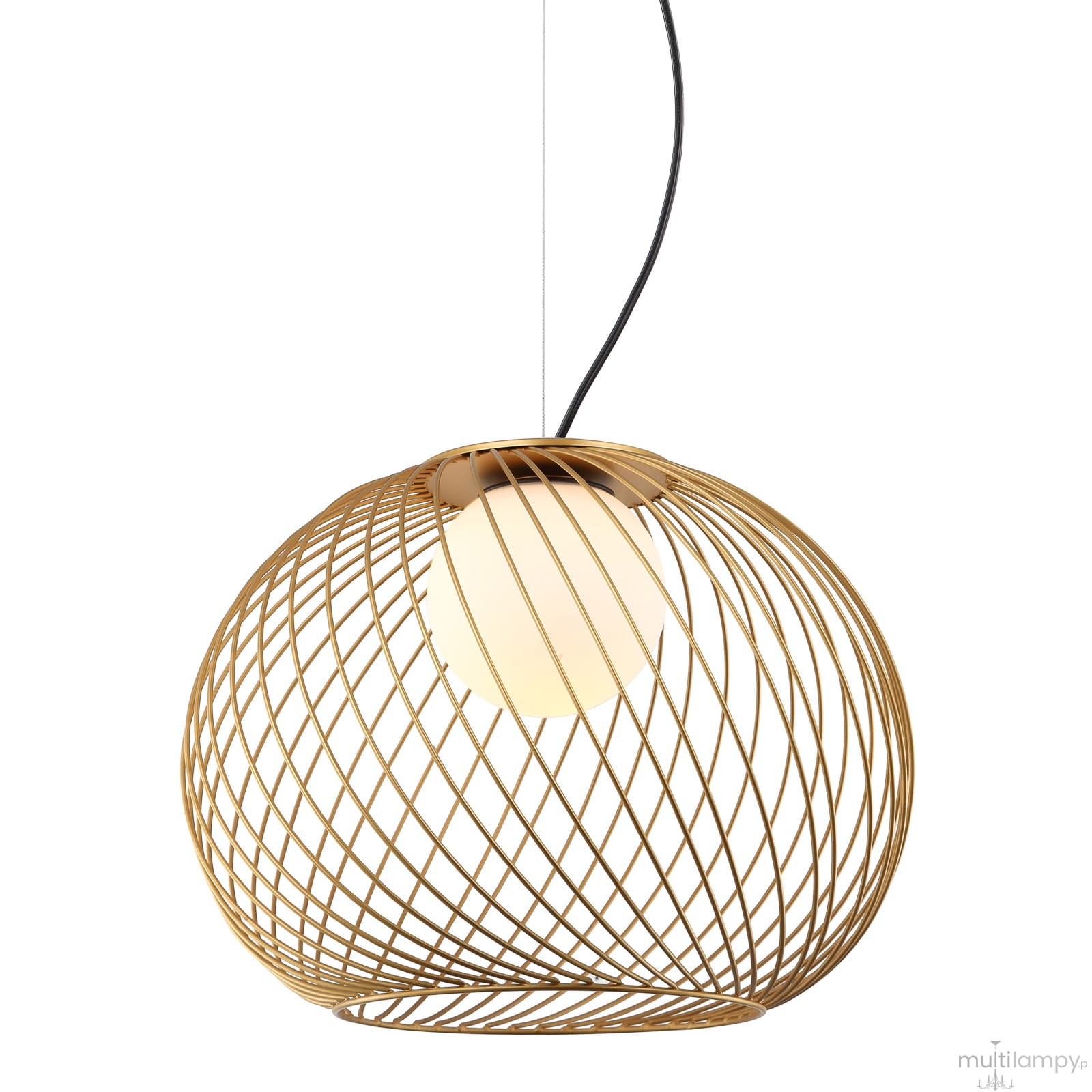 Lampa wisząca Clarisa 1-punktowa w złotym kolorze, z okrągłą, przezroczystą kloszem, umieszczona w metalowej siatce. Produkt zawieszony na czarnym przewodzie, widoczny z boku. Idealna do nowoczesnych wnętrz.