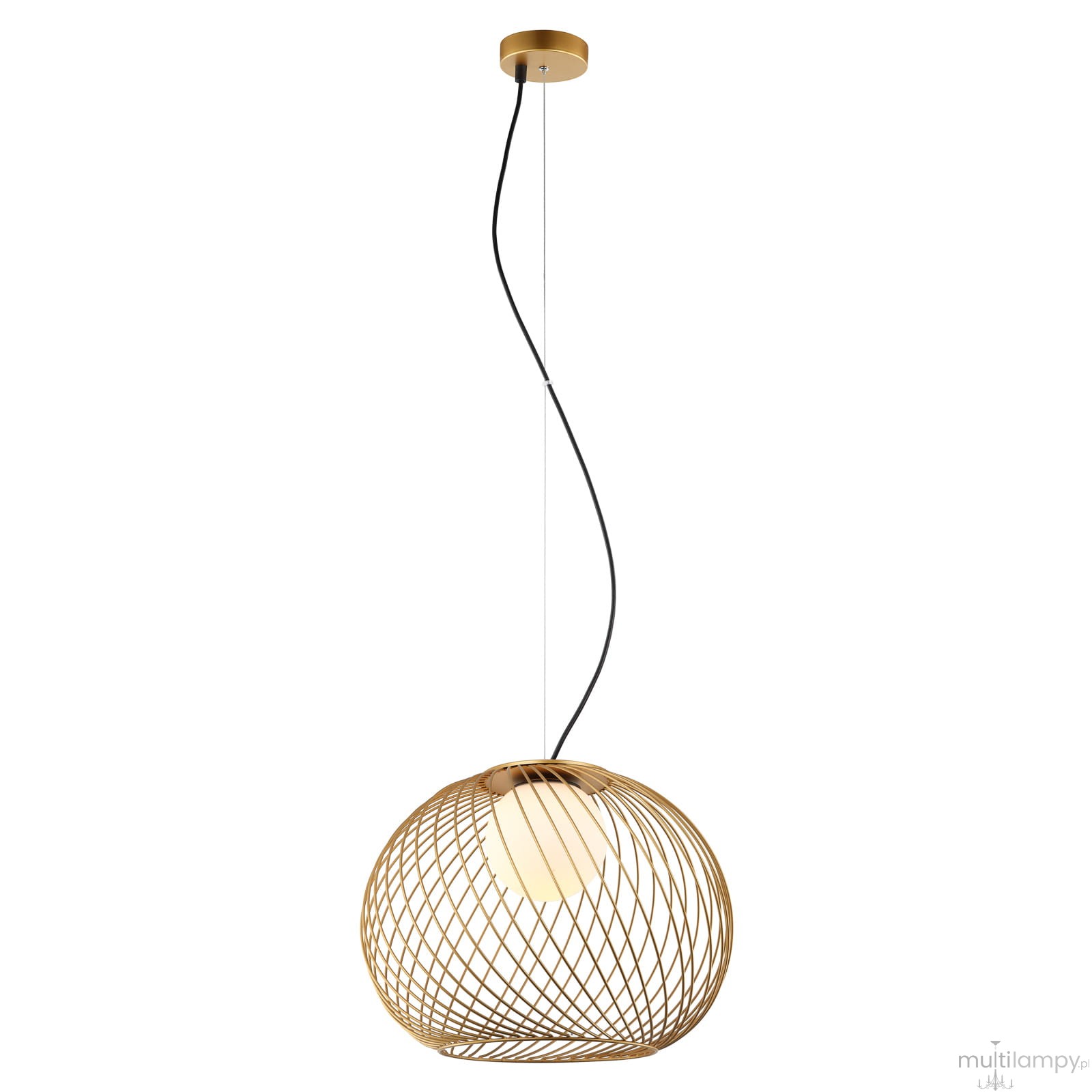 Złota lampa wisząca Clarisa z jedną żarówką, o okrągłym kształcie z siatkowej konstrukcji. Wisi na czarnym przewodzie, montowana do sufitu. Widoczna oprawa, minimalistyczny design, idealna do nowoczesnych wnętrz.