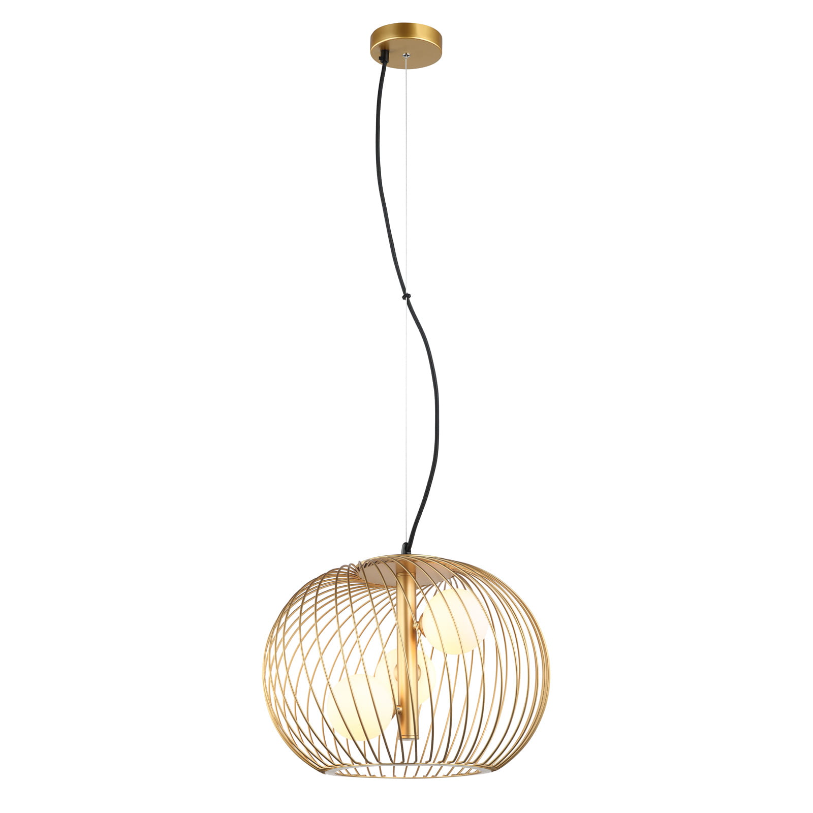 Złota lampa wisząca Clarisa 3-punktowa z metalową siatką w kształcie kuli. Wisi na czarnym przewodzie, zawieszona pod sufitem. Oświetlenie z widocznymi żarówkami wewnątrz, nowoczesny design.