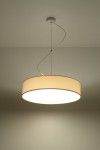 Lampa wisząca Arena 45, 3-punktowa, z białym okrągłym kloszem i metalowym mocowaniem. Zawieszona na cienkim przewodzie, emitująca jasne światło. Prosty, nowoczesny design, idealna do nowoczesnych wnętrz.
