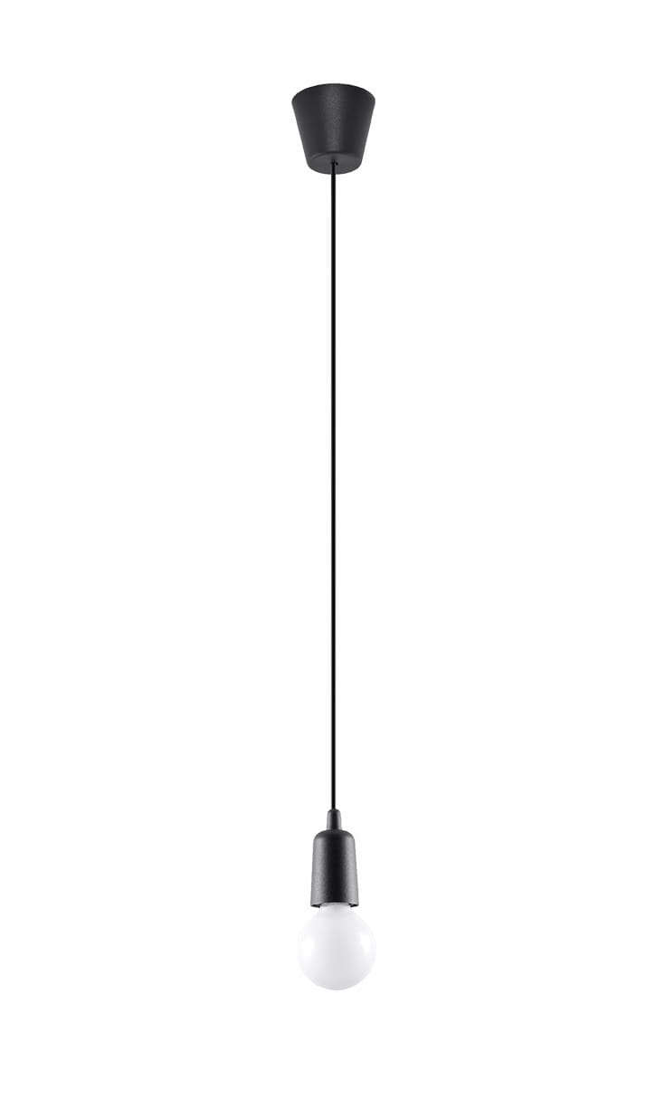 Lampa wisząca Diego 1-punktowa w kolorze czarnym, z metalowym kloszem i białą żarówką. Produkt zawieszony na cienkim, czarnym przewodzie, montowany do sufitu. Prosta konstrukcja, minimalistyczny design, idealna do nowoczesnych wnętrz.