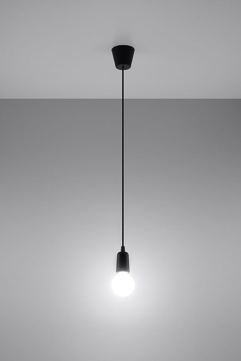 Lampa wisząca Diego 1-punktowa, czarna, z długim kablem. Widoczna żarówka w okrągłym kloszu. Produkt zawieszony pod sufitem na jednolitym tle. Prosty, nowoczesny design, idealny do minimalistycznych wnętrz.