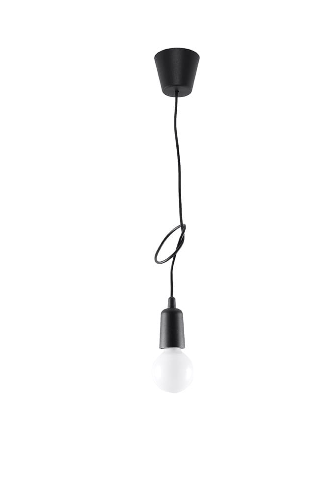 Czarna lampa wisząca Diego 1-punktowa, z metalowym mocowaniem i białą żarówką, zawieszona na długim kablu. Ujęcie frontalne, na jednolitym tle. Prosty design, idealna do nowoczesnych wnętrz.