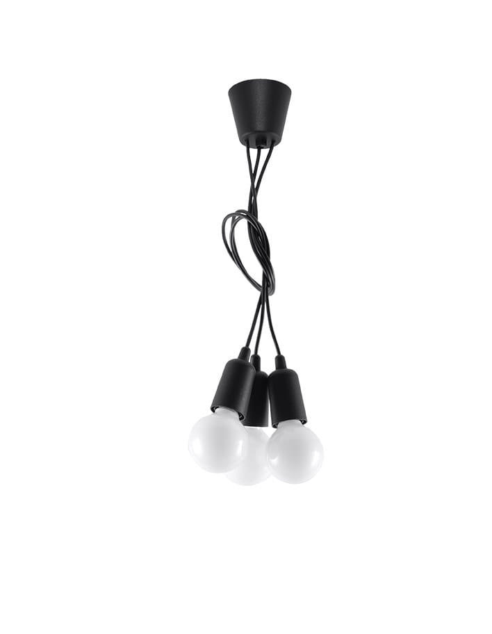 Czarna lampa wisząca Diego z trzema punktami świetlnymi. Kable w równych odstępach zwisają z okrągłego, czarnego uchwytu sufitowego, zakończone białymi kulistymi żarówkami. Ujęcie z góry, prezentujące całość konstrukcji.