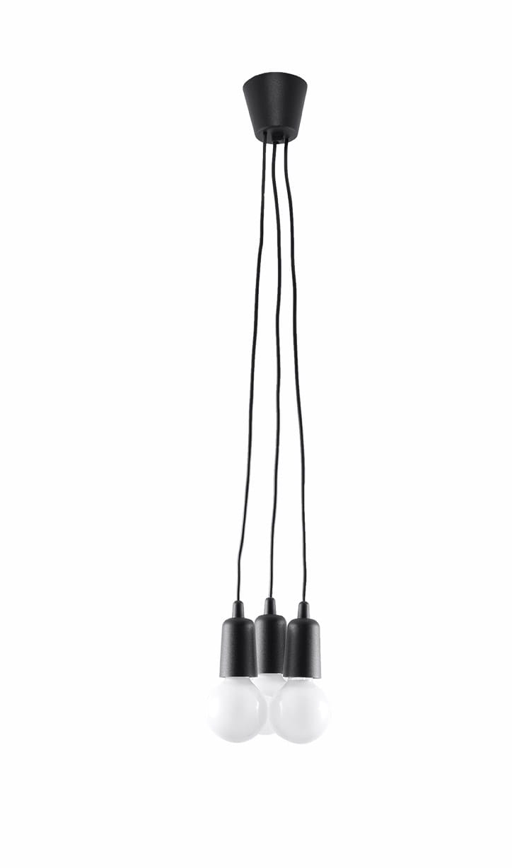 Czarna lampa wisząca Diego 3-punktowa, z trzema białymi żarówkami, zawieszona na długich, czarnych przewodach. Klosze mają prosty, cylindryczny kształt, a całość mocowana jest do sufitowego uchwytu w formie stożka.