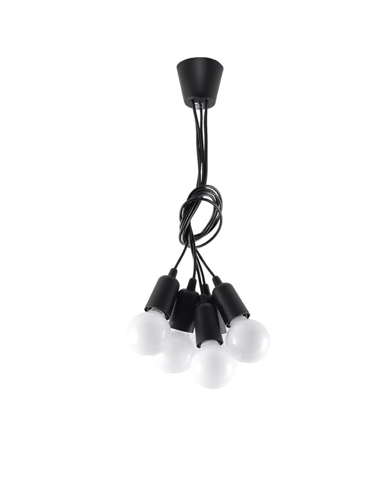 Lampa wisząca Diego 5-punktowa w kolorze czarnym, z pięcioma białymi kulistymi kloszami. Ujęcie frontalne, przewody w czarnym kolorze, zamocowana na suficie. Idealna do nowoczesnych wnętrz.