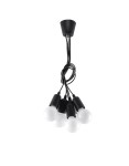 Lampa wisząca Diego 5-punktowa w kolorze czarnym, z pięcioma białymi kulistymi kloszami. Ujęcie frontalne, przewody w czarnym kolorze, zamocowana na suficie. Idealna do nowoczesnych wnętrz.