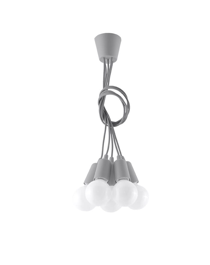 Lampa wisząca Diego pięciopunktowa w kolorze szarym. Posiada pięć opraw na żarówki, zawieszone na cienkich, szarych kablach, zakończona okrągłym, matowym uchwytem sufitowym. Prosta konstrukcja, idealna do nowoczesnych wnętrz.