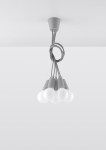 Lampa wisząca Diego 5-punktowa w kolorze szarym z pięcioma okrągłymi kloszami, zawieszona na szarych przewodach. Ujęcie z dołu, ukazujące detale mocowania i kształt kloszy. Tło białe.