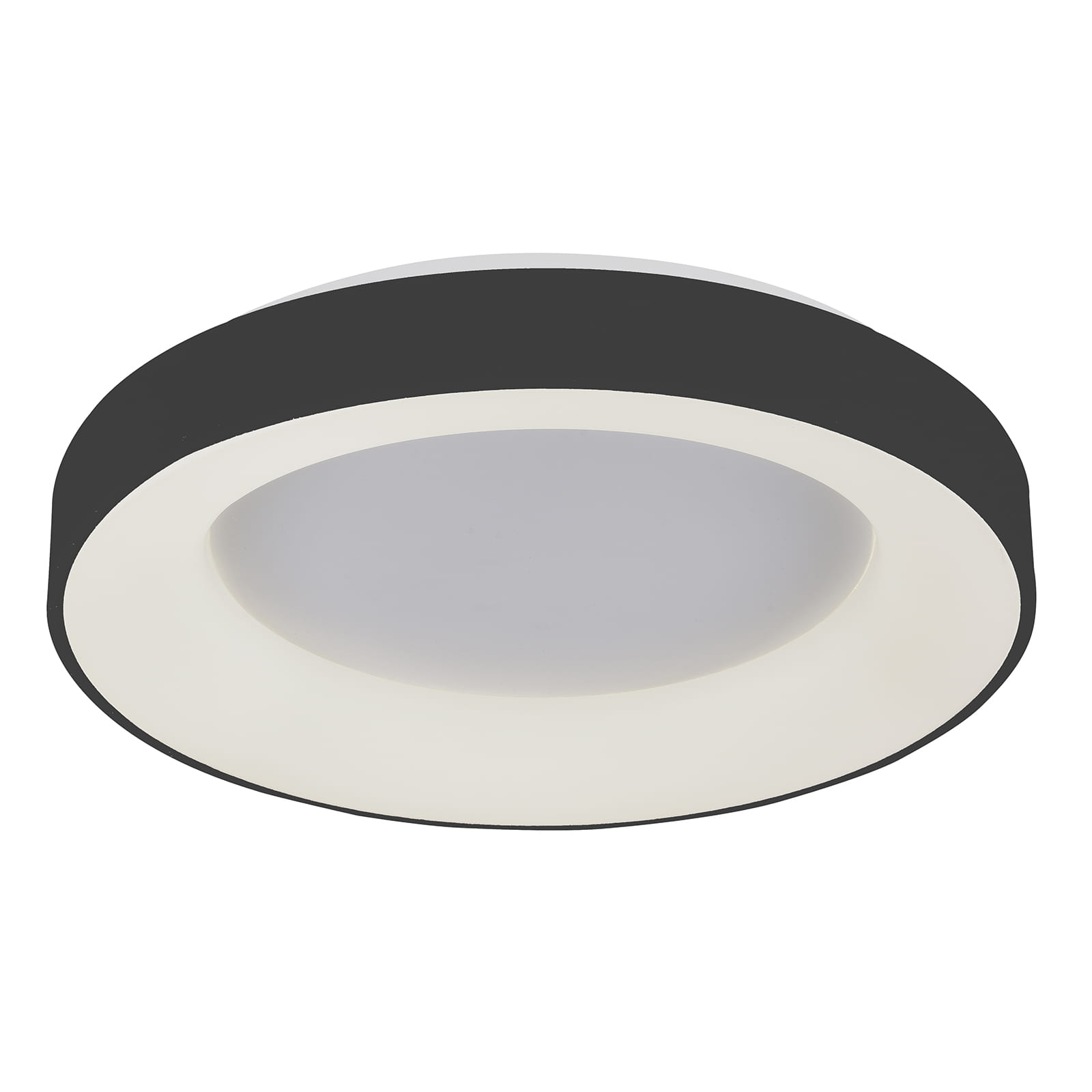 Plafon LED Giulia D48 w kolorze czarnym, okrągły, z białą, matową oprawą. Ujęcie z góry, pokazujące krawędź lampy oraz centralną, gładką powierzchnię. Prosty design, idealny do nowoczesnych wnętrz.