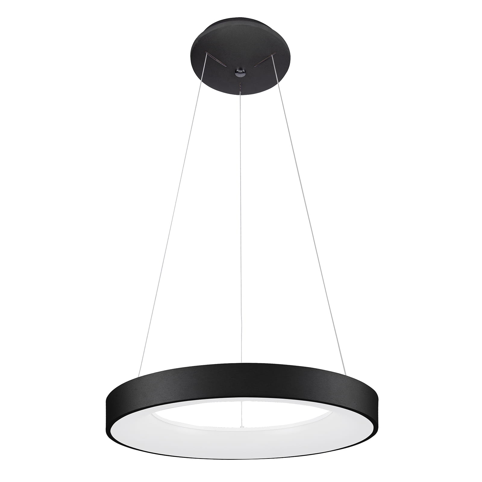 Czarna lampa wisząca Giulia D48 LED, 1-punktowa, o okrągłym kształcie z matowym wykończeniem. Zawieszona na cienkich linkach, z białym, półprzezroczystym kloszem, emitującym równomierne światło. Montaż sufitowy, minimalistyczny design.