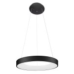 Czarna lampa wisząca Giulia D48 LED, 1-punktowa, o okrągłym kształcie z matowym wykończeniem. Zawieszona na cienkich linkach, z białym, półprzezroczystym kloszem, emitującym równomierne światło. Montaż sufitowy, minimalistyczny design.