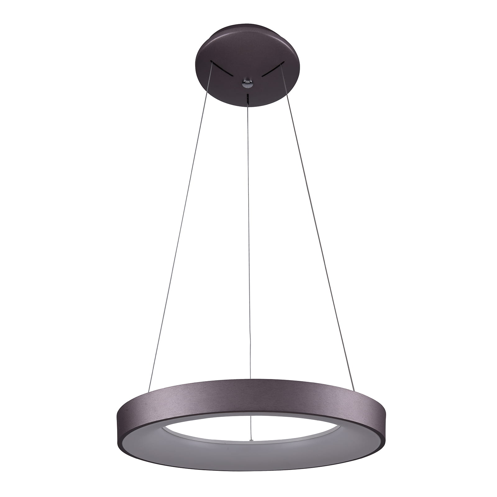 Brązowa lampa wisząca Giulia D48 LED z okrągłym, matowym kloszem i metalowym zawieszeniem. Ujęcie z boku, zawieszona na dwóch cienkich linkach, na jasnym tle, podkreślająca nowoczesny design i funkcjonalność.